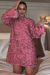 Glitzernde Pailletten Fliege Langarm Oversize Samt Party Minikleid - Hot Pink